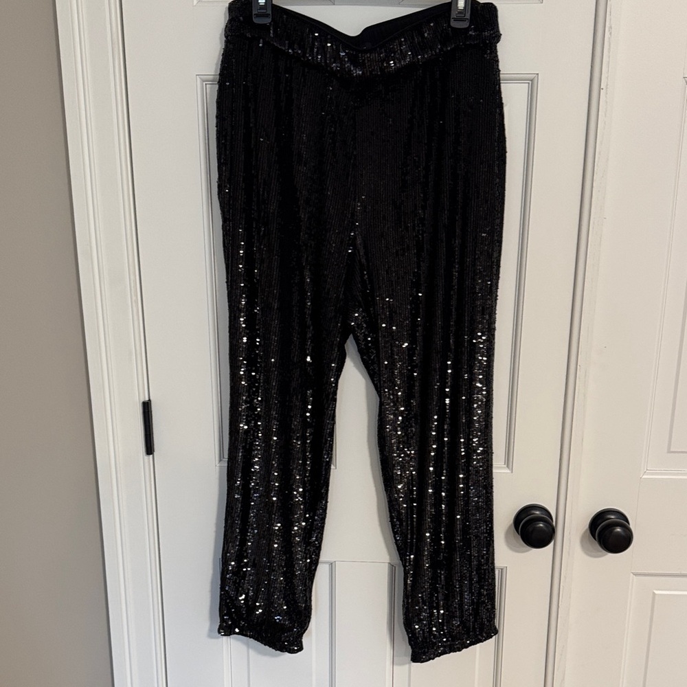 Express Black Sequin Cropped Pants - image 1